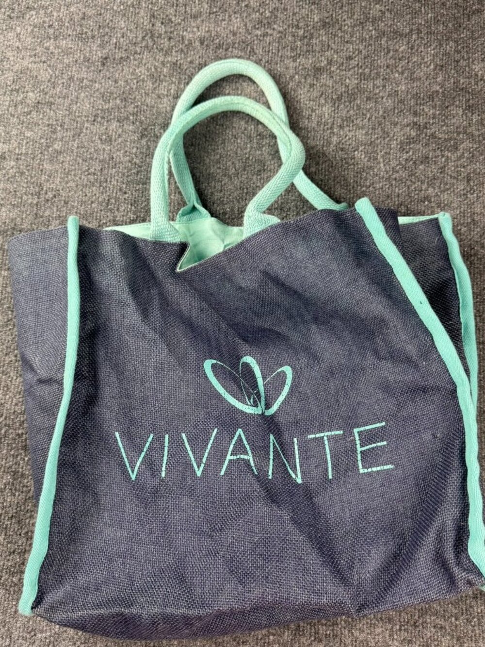 Vivante Jute Tote Bag Blue Mint Green Trim Reusable Shopping Beach Carryall
